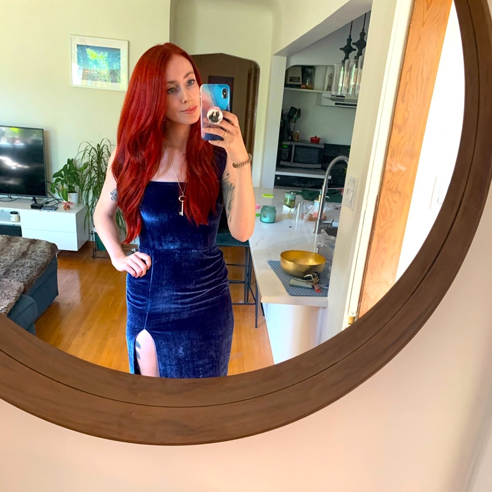 Blue velvet soft dress from Reformation.